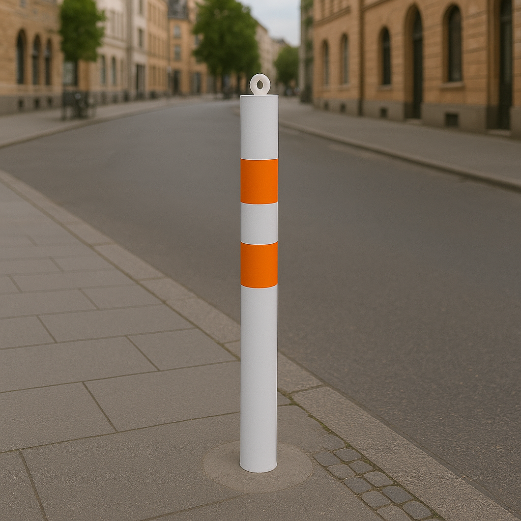 76mm Removable Steel Bollard – White & Orange, Spigot Base with Chain Eyelet for Flexible Security and High Visibility