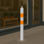 76mm Removable Steel Bollard – White & Orange, Spigot Base with Chain Eyelet for Flexible Security and High Visibility