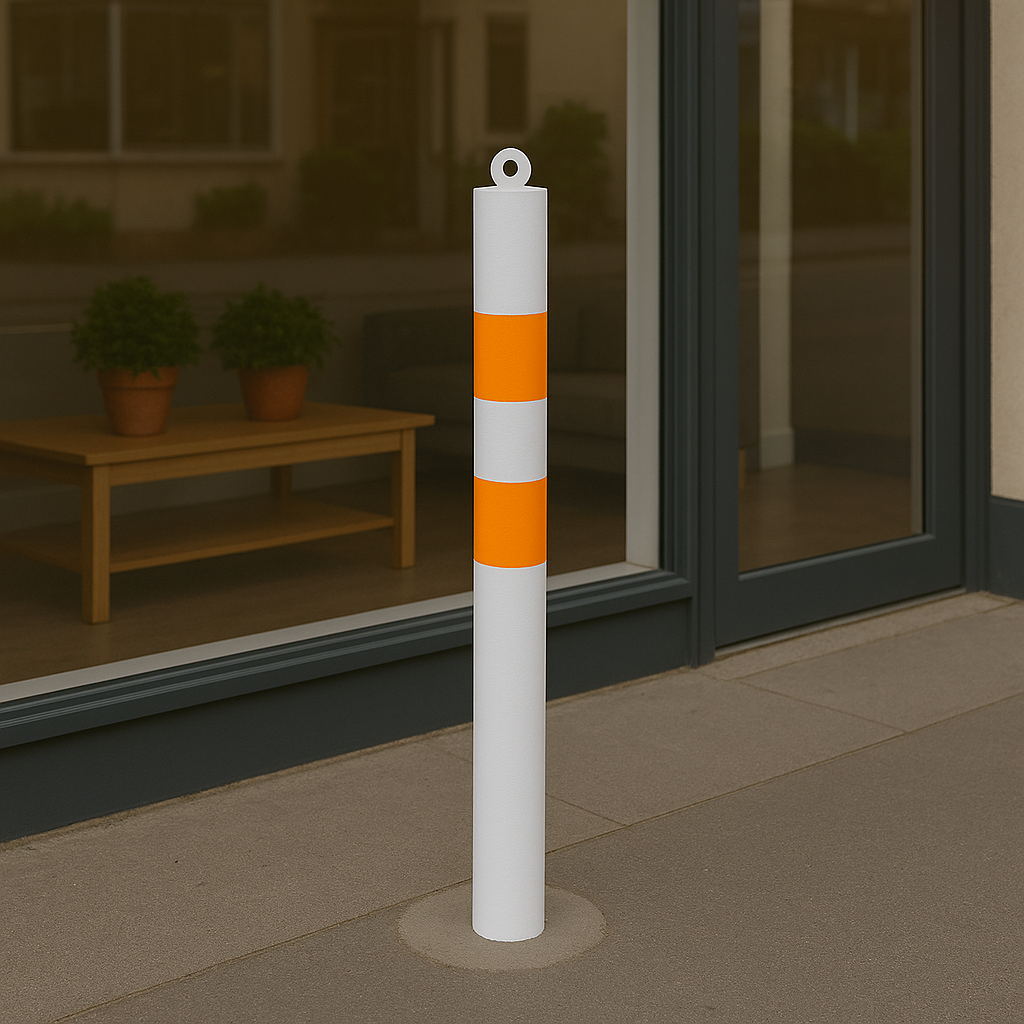 76mm Removable Steel Bollard – White & Orange, Spigot Base with Chain Eyelet for Flexible Security and High Visibility