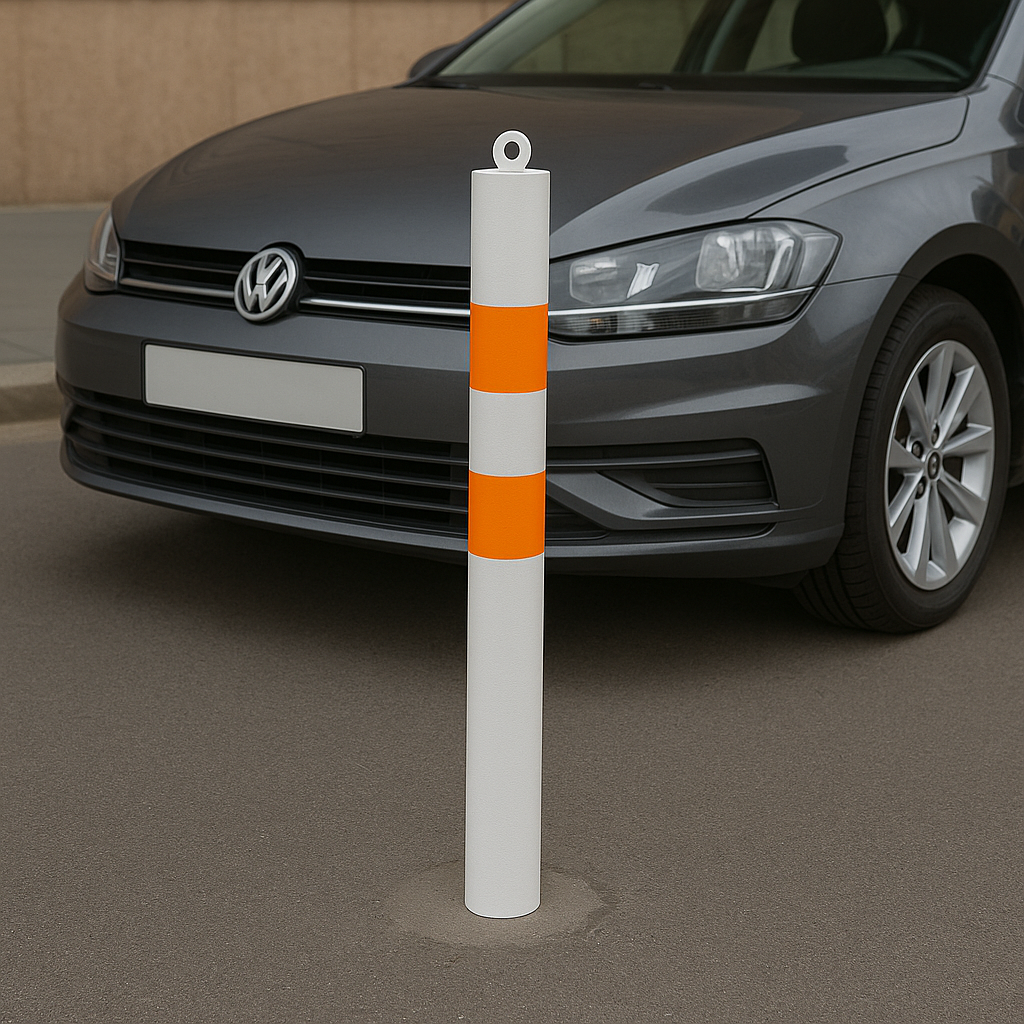 76mm Removable Steel Bollard – White & Orange, Spigot Base with Chain Eyelet for Flexible Security and High Visibility
