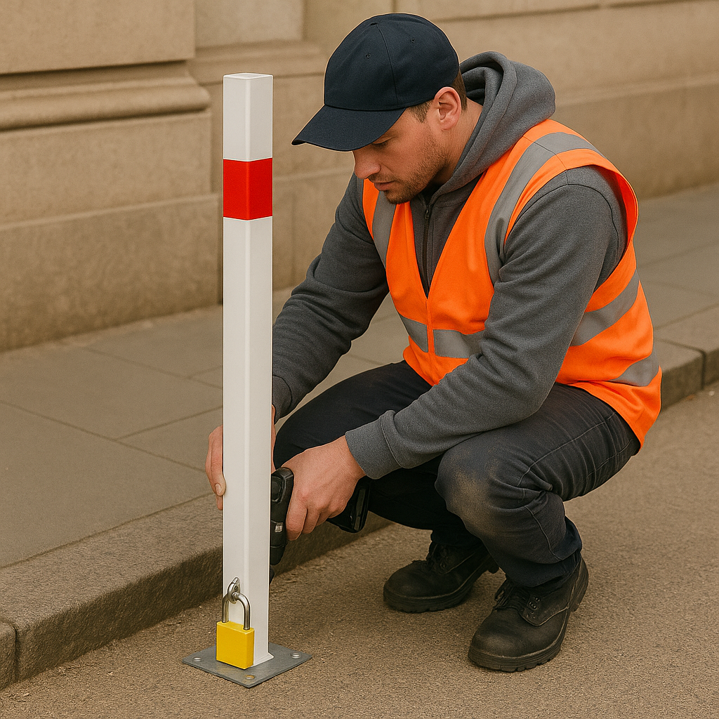 White & Red Removable Security Post with 2 Ground Bases