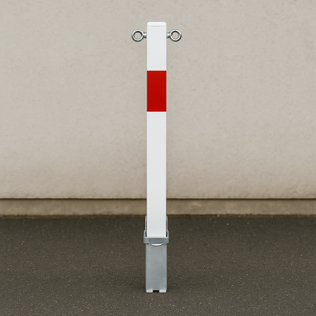 White & Red Removable Security Bollard with Twin Chain Eyelets