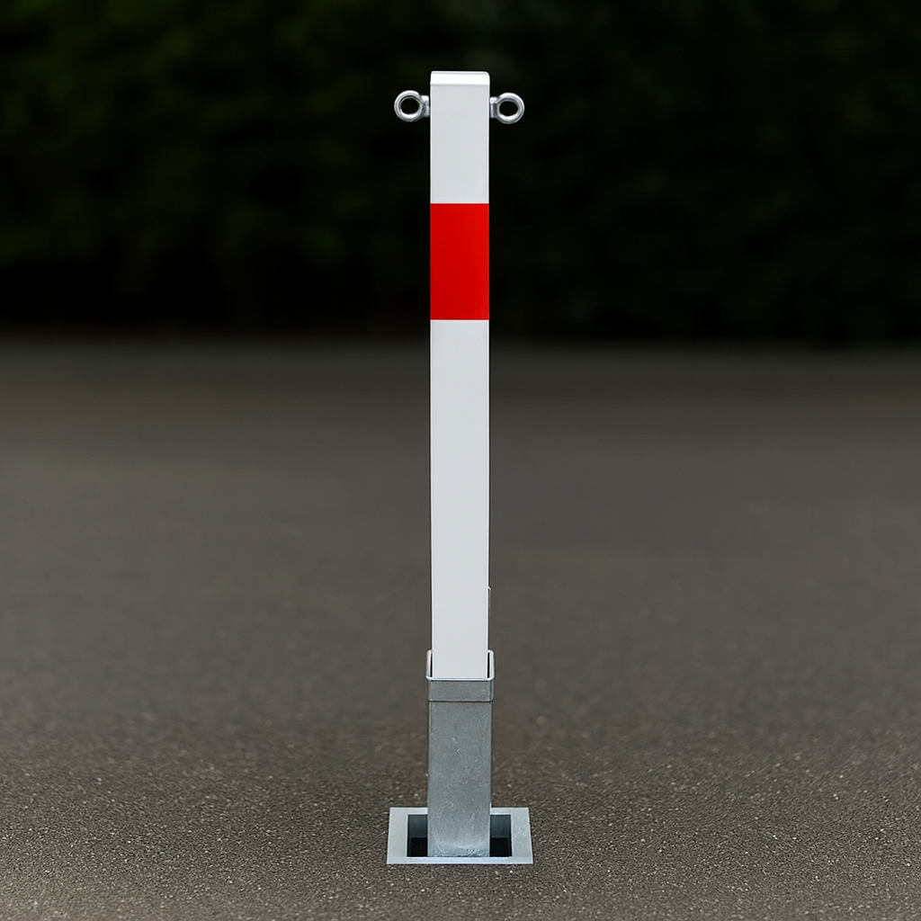 White & Red Removable Security Bollard with Twin Chain Eyelets