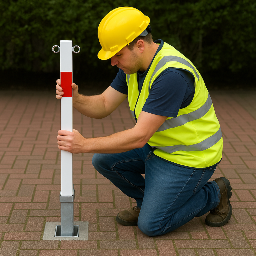 White & Red Removable Security Bollard with Twin Chain Eyelets