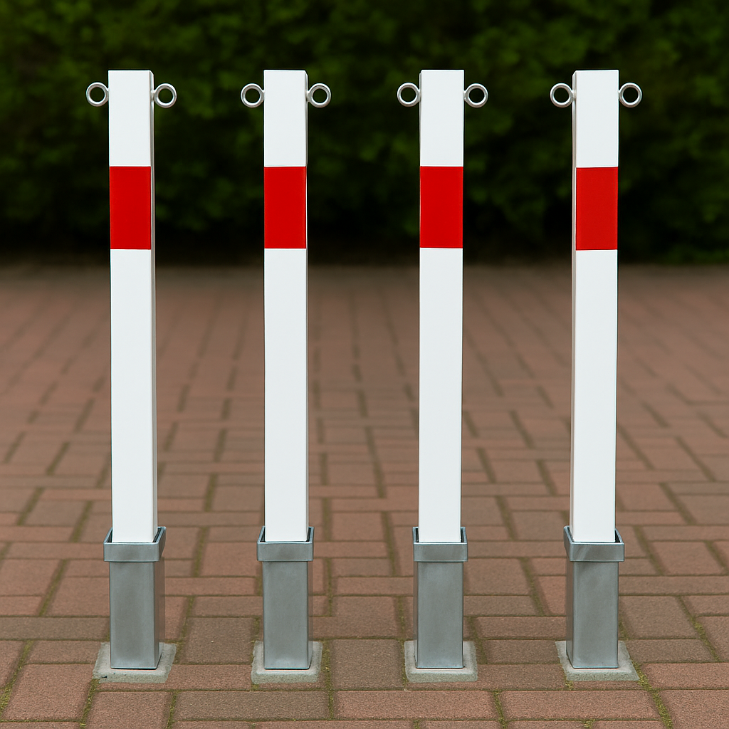White & Red Removable Security Bollard with Twin Chain Eyelets