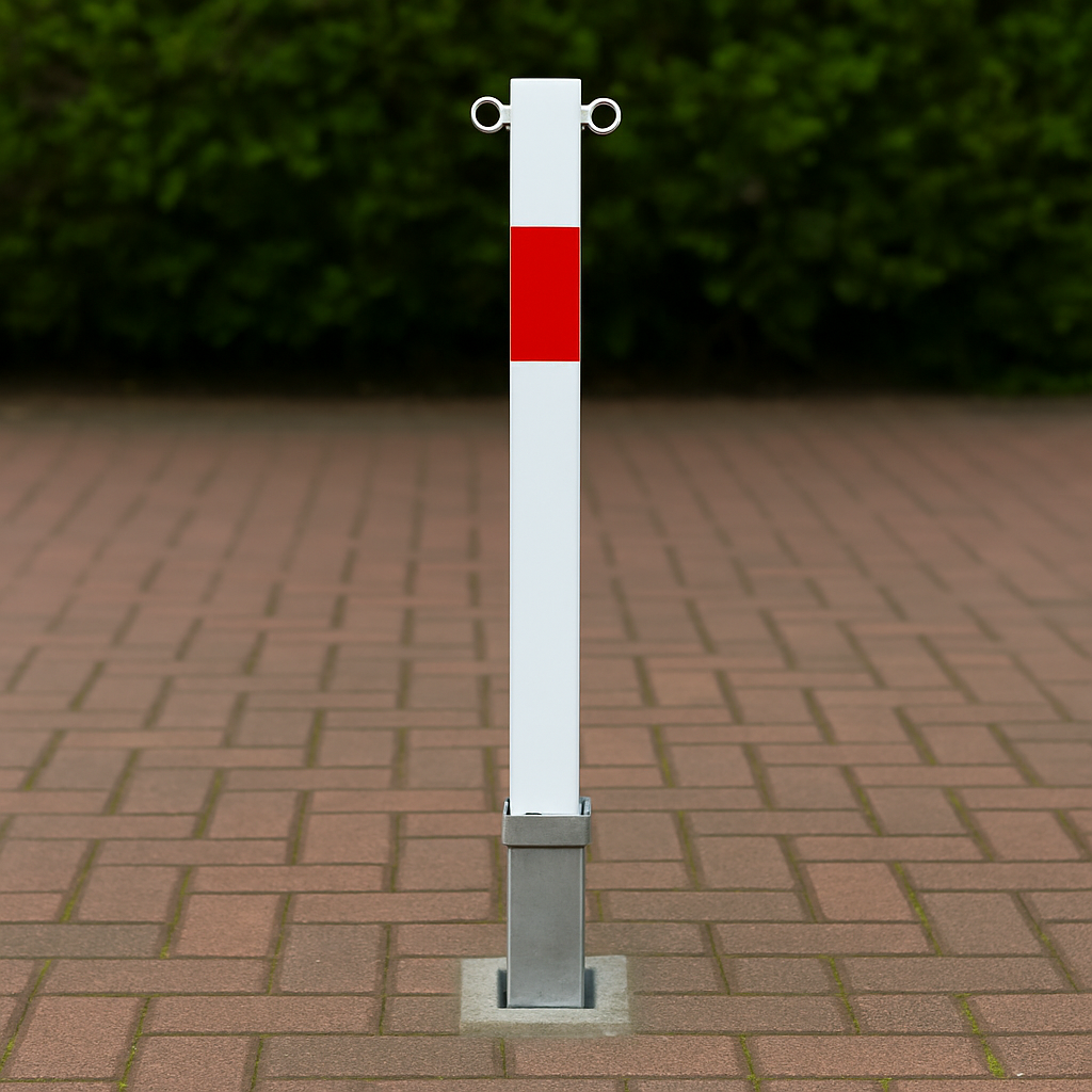 White & Red Removable Security Bollard with Twin Chain Eyelets
