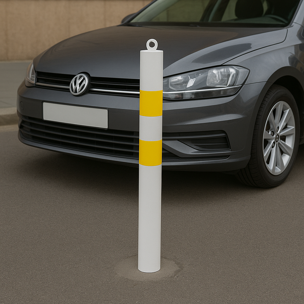 76mm Heavy-Duty Steel Bollard with Chain Eyelet – Spigot Mount, White & Yellow, Removable for Flexible Site Security