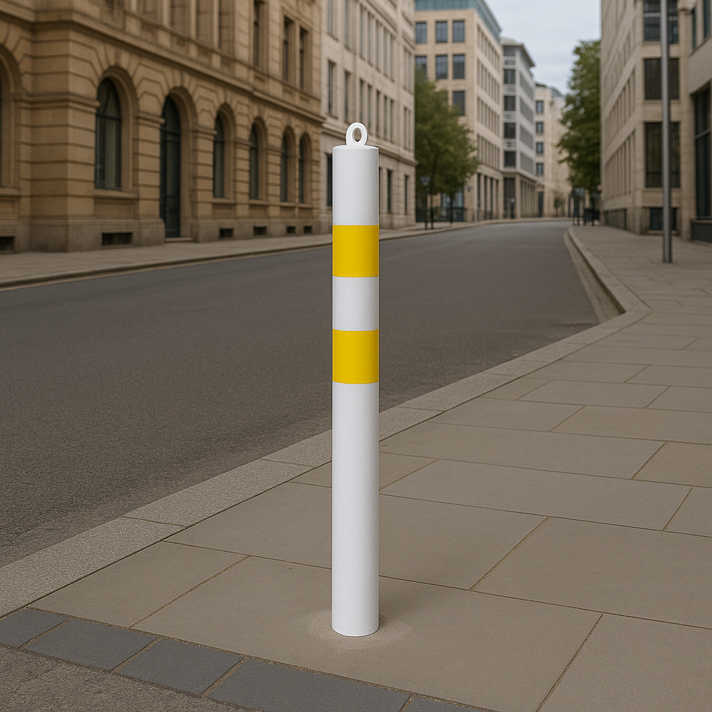 76mm Heavy-Duty Steel Bollard with Chain Eyelet – Spigot Mount, White & Yellow, Removable for Flexible Site Security