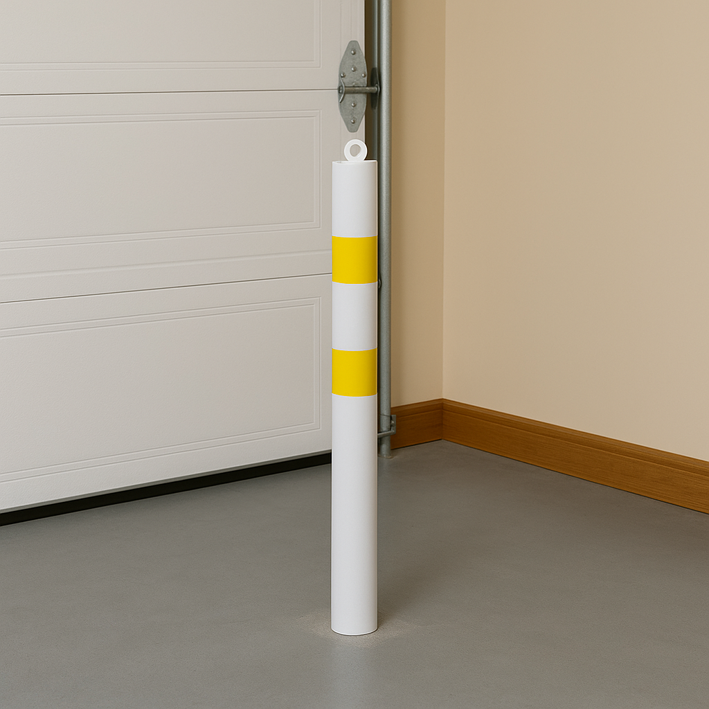 76mm Heavy-Duty Steel Bollard with Chain Eyelet – Spigot Mount, White & Yellow, Removable for Flexible Site Security