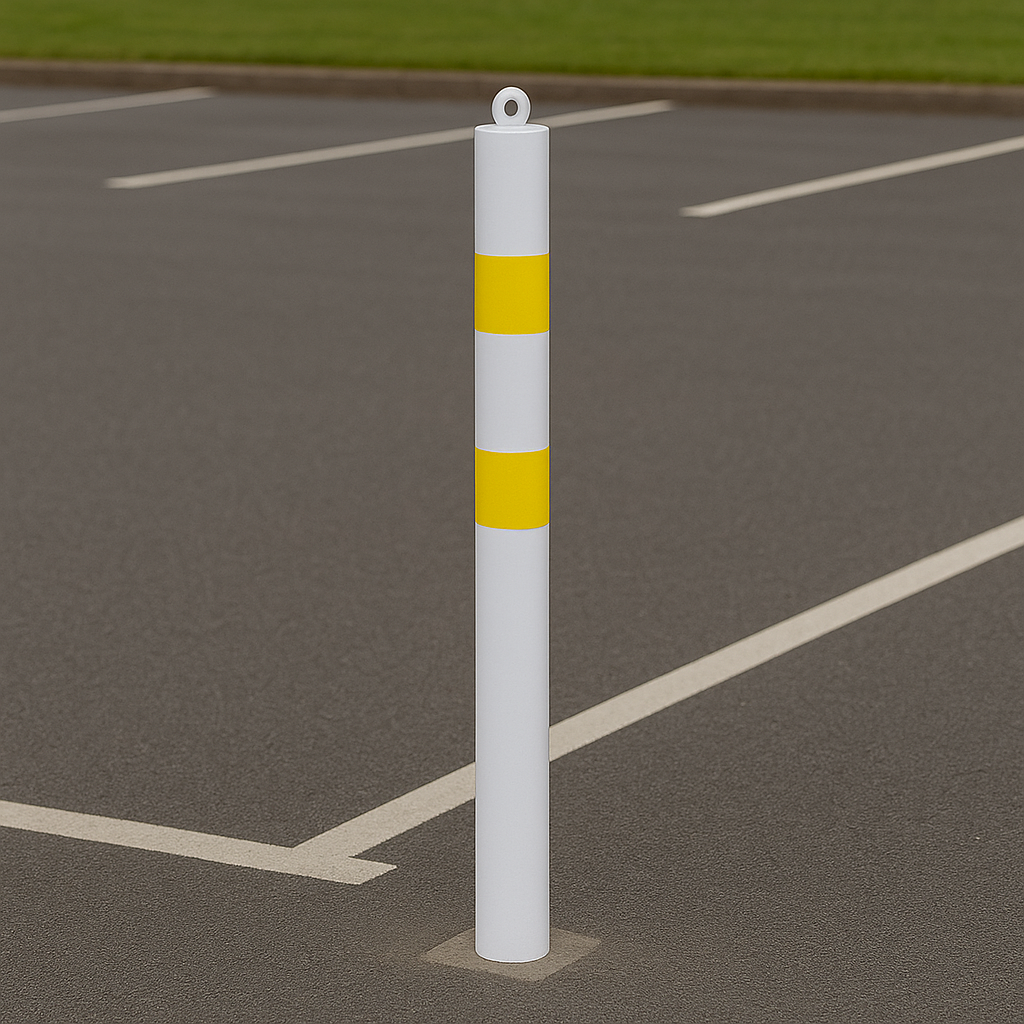 76mm Heavy-Duty Steel Bollard with Chain Eyelet – Spigot Mount, White & Yellow, Removable for Flexible Site Security