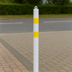 76mm Heavy-Duty Steel Bollard with Chain Eyelet – Spigot Mount, White & Yellow, Removable for Flexible Site Security