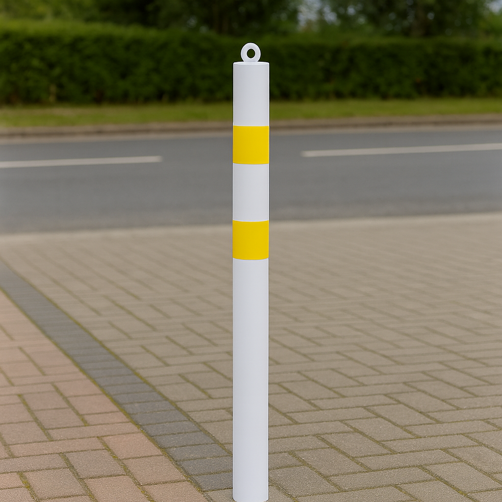 76mm Heavy-Duty Steel Bollard with Chain Eyelet – Spigot Mount, White & Yellow, Removable for Flexible Site Security