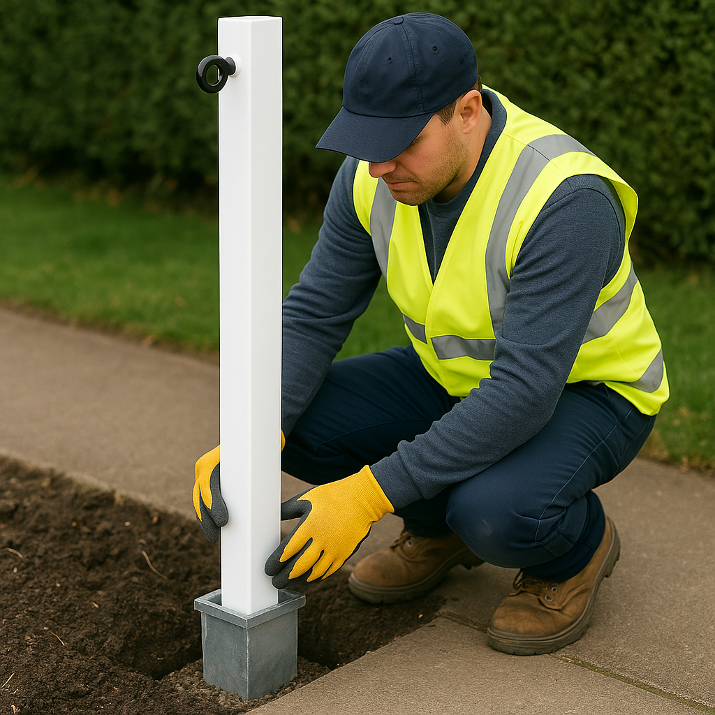 Heavy-Duty White Removable Parking Post with Right-Side Chain Eyelet – Anti-Theft Security Bollard for Driveways & Car Parks