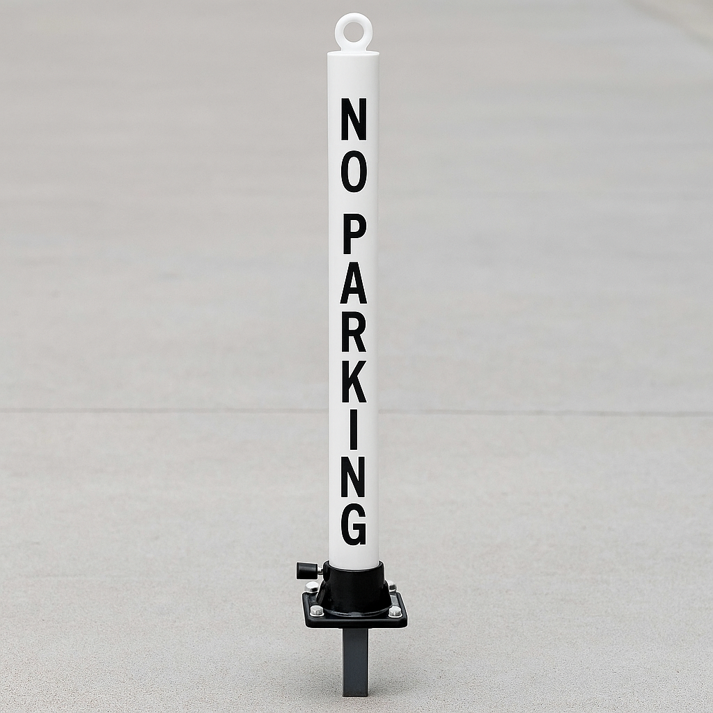 White Fold Down Parking Post with Ground Spigot & No Parking Logo