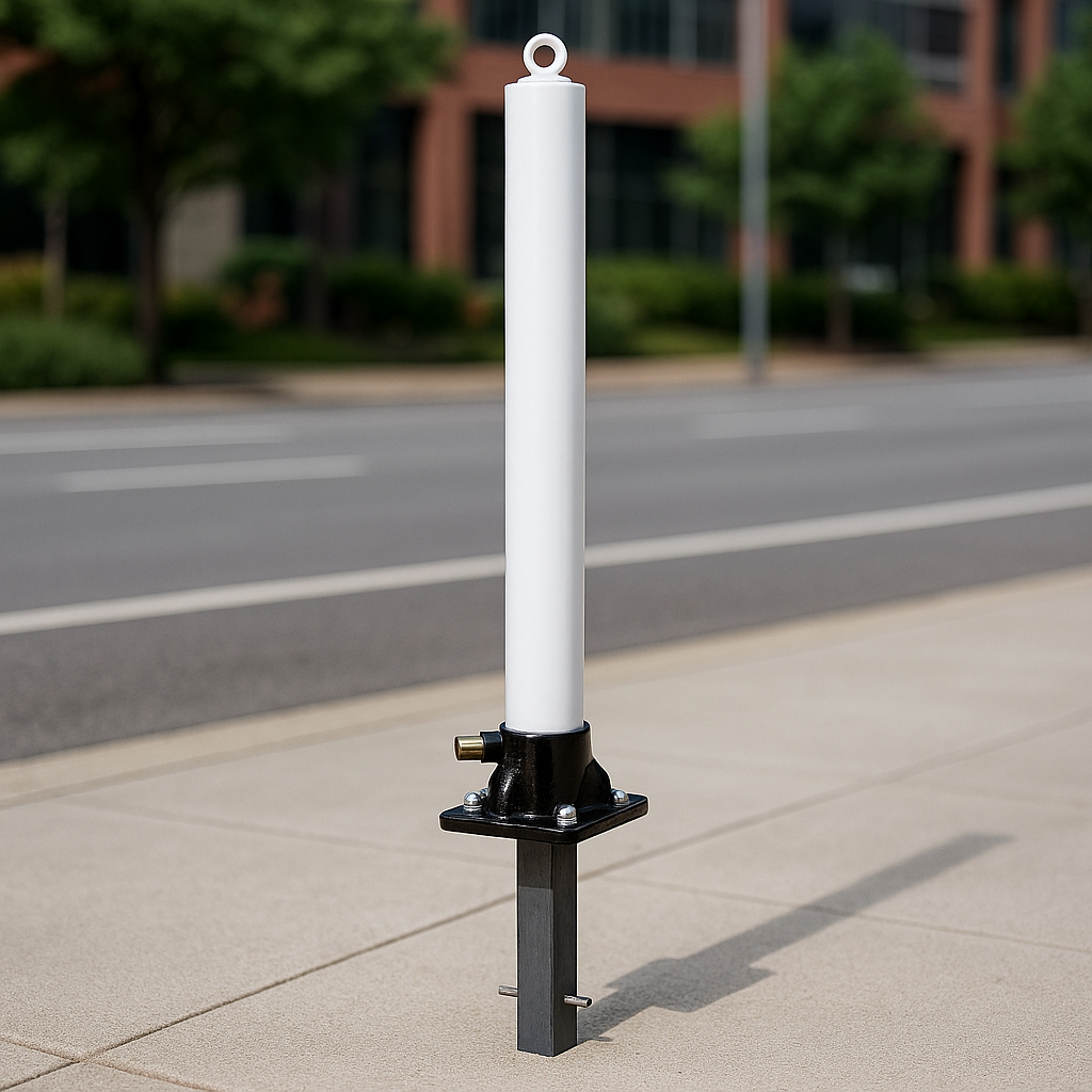 White Fold Down Parking Post with Ground Spigot & No Parking Logo