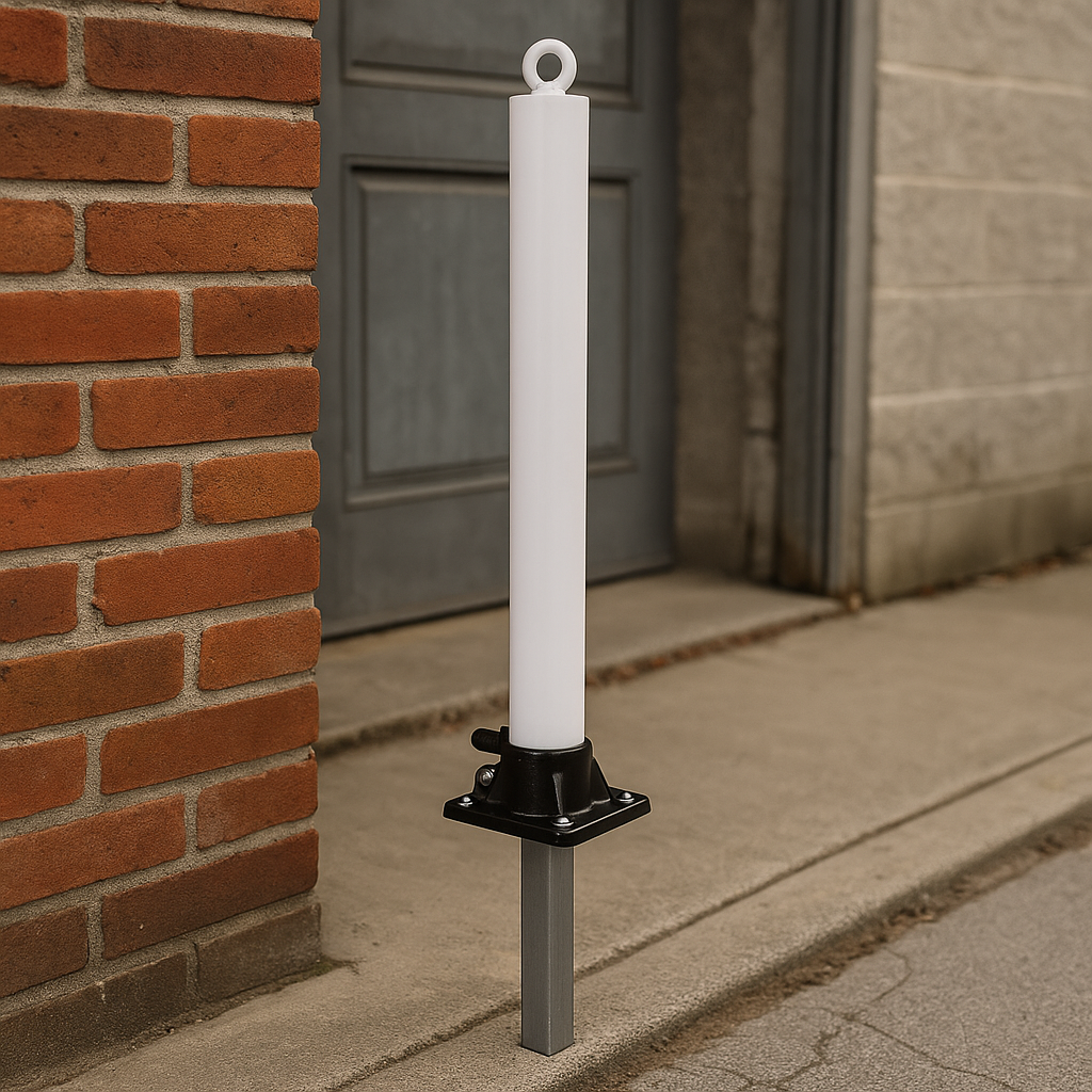White Fold Down Parking Post with Integral Lock & Chain Eyelet