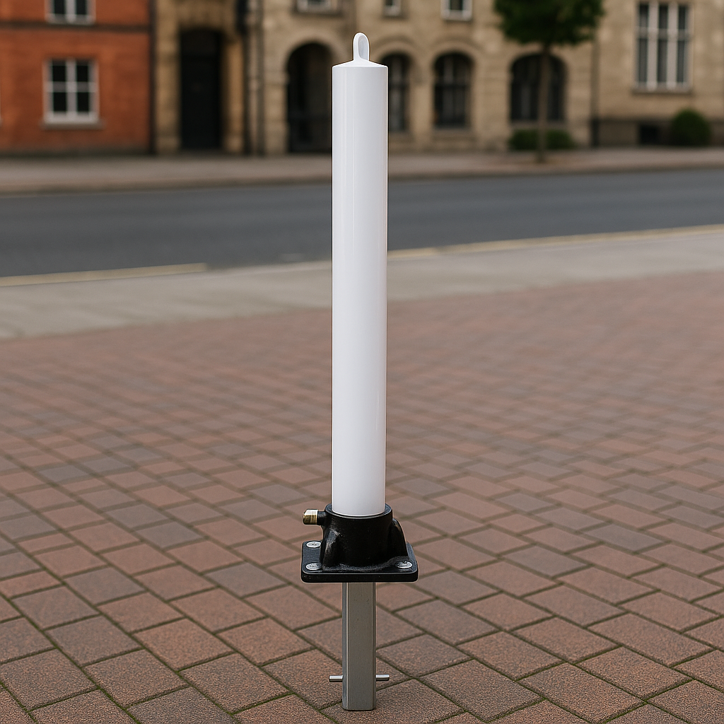 White Fold Down Parking Post with Ground Spigot & No Parking Logo