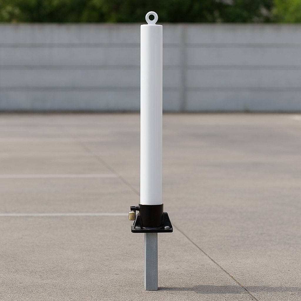 White Fold Down Parking Post with Ground Spigot & No Parking Logo