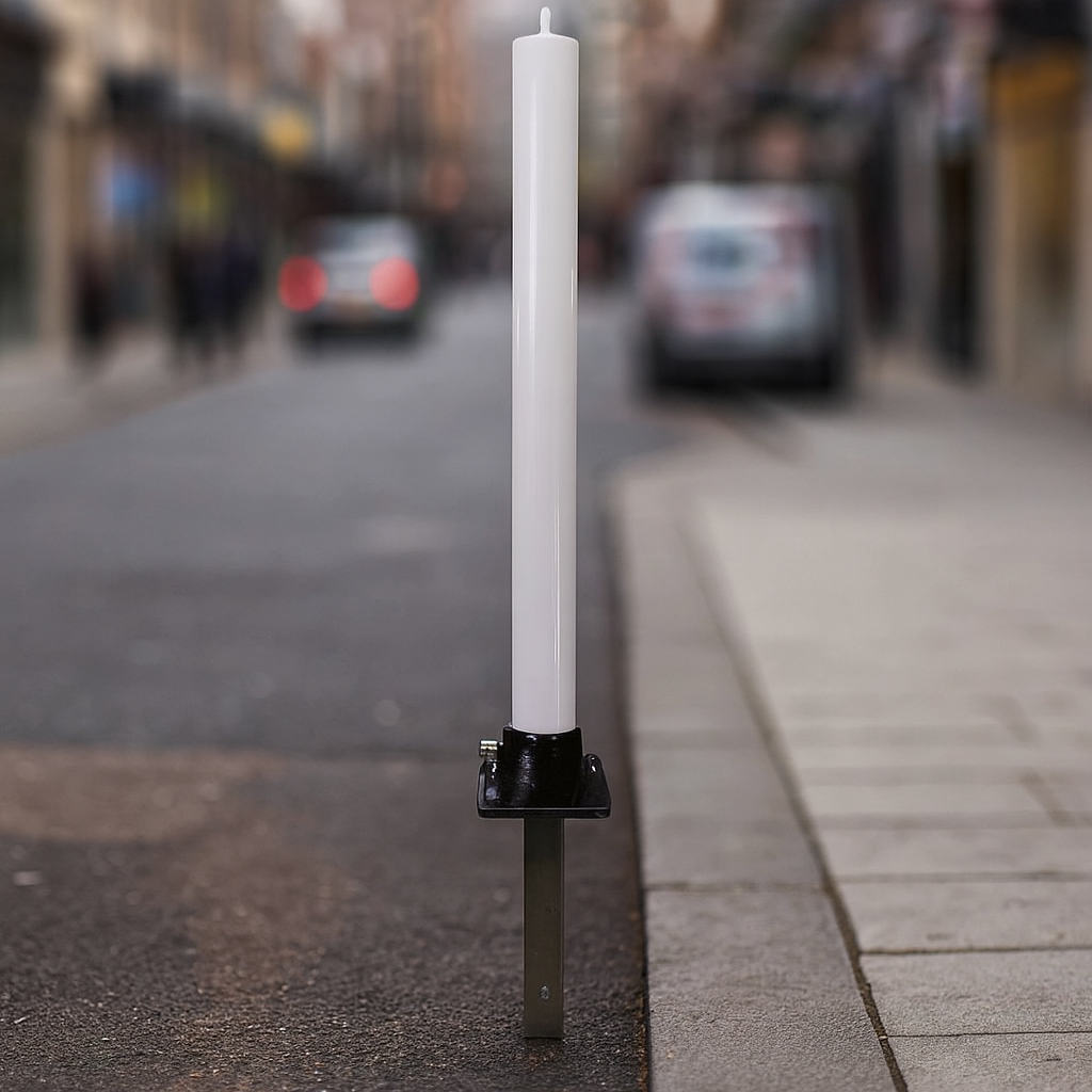 White Fold Down Parking Post with Ground Spigot & No Parking Logo