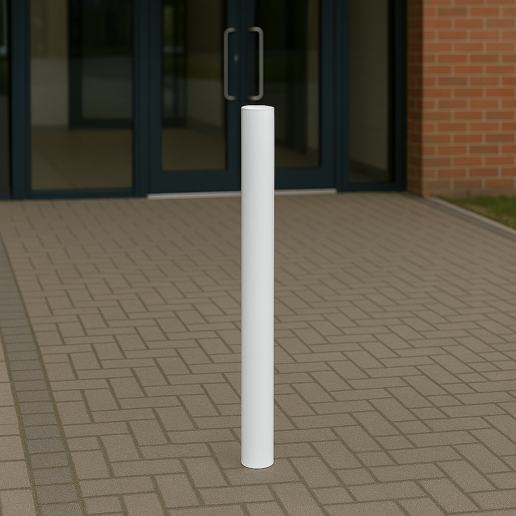 Premium 76mm White Steel Bollard – Fixed Spigot Mount with Top Eyelet | Heavy-Duty Parking & Access Barrier