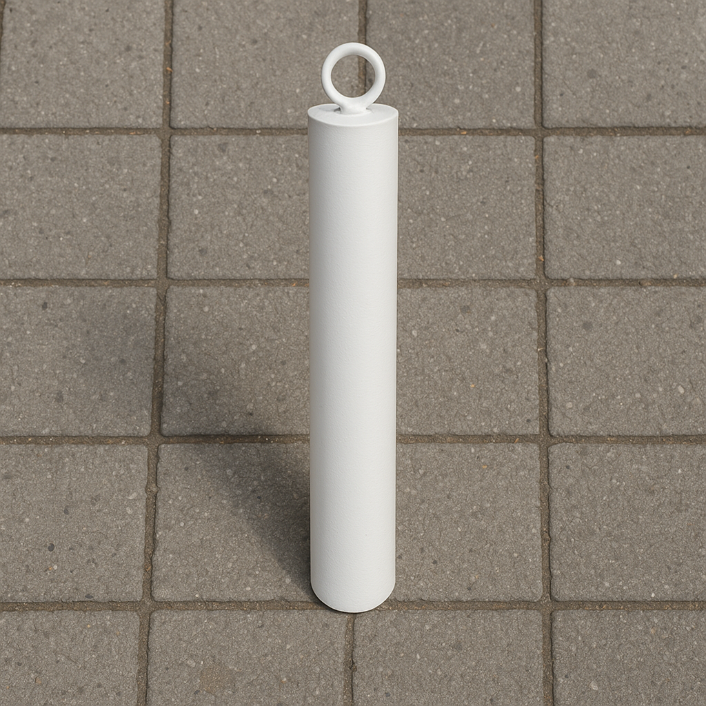 Premium 76mm White Steel Bollard – Fixed Spigot Mount with Top Eyelet | Heavy-Duty Parking & Access Barrier