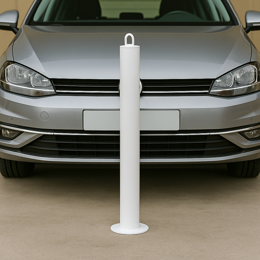 Premium 76mm White Steel Bollard – Fixed Spigot Mount with Top Eyelet | Heavy-Duty Parking & Access Barrier