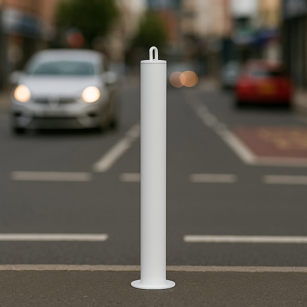 Premium 76mm White Steel Bollard – Fixed Spigot Mount with Top Eyelet | Heavy-Duty Parking & Access Barrier