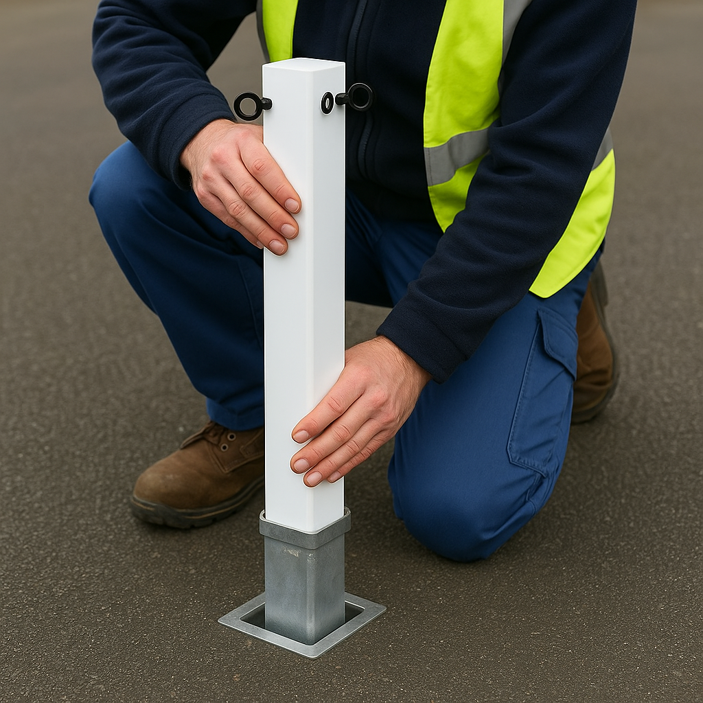 Heavy-Duty White Removable Parking & Security Post with 2 Black Chain Eyelets