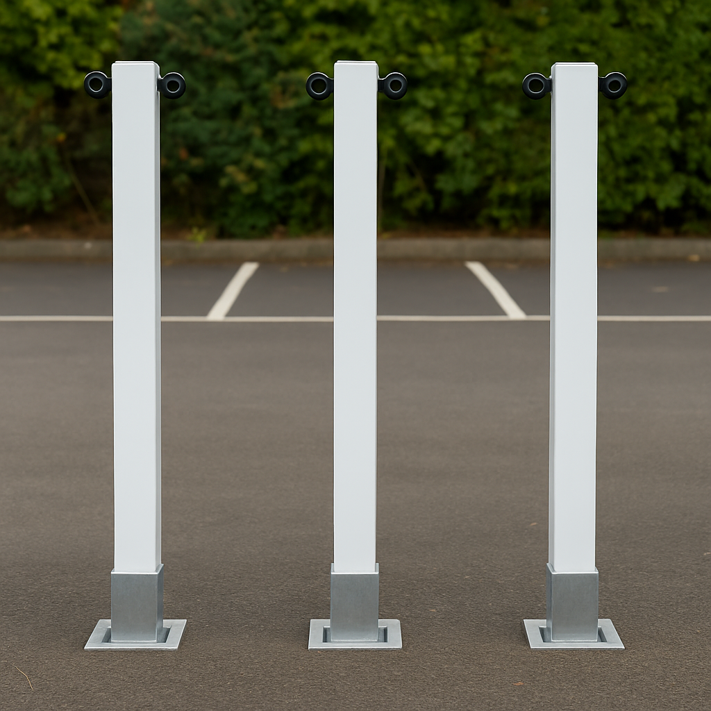 Heavy-Duty White Removable Parking & Security Post with 2 Black Chain Eyelets