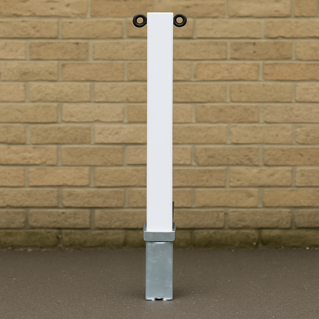 Heavy-Duty White Removable Parking & Security Post with 2 Black Chain Eyelets