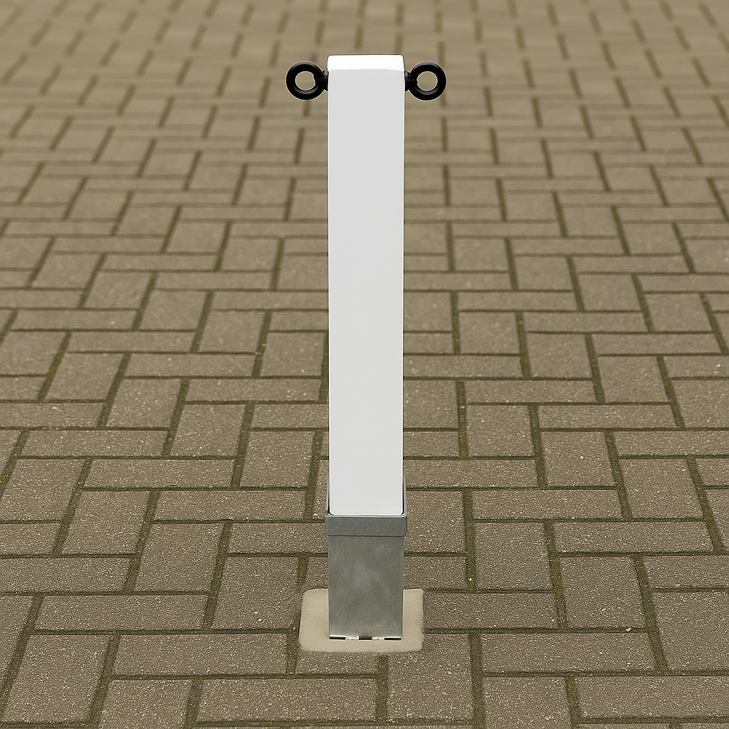 Heavy-Duty White Removable Parking & Security Post with 2 Black Chain Eyelets