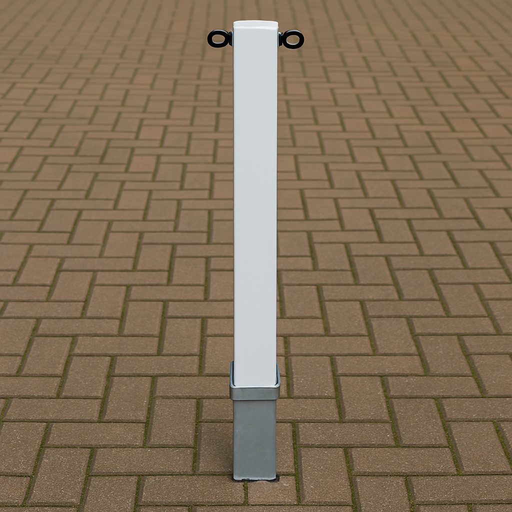 Heavy-Duty White Removable Parking & Security Post with 2 Black Chain Eyelets