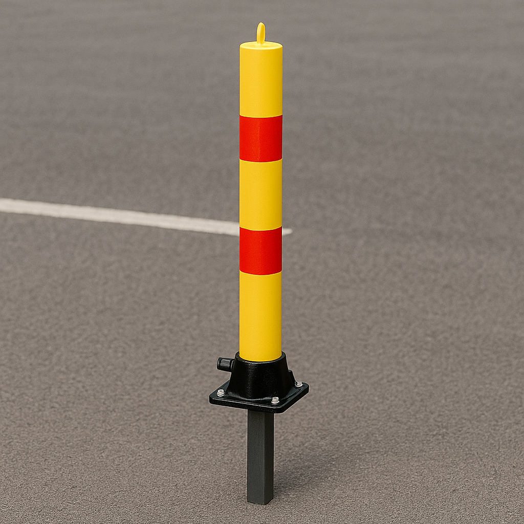 Yellow & Red Fold Down Parking Post with Integral Lock & Top-Mounted Eyelet
