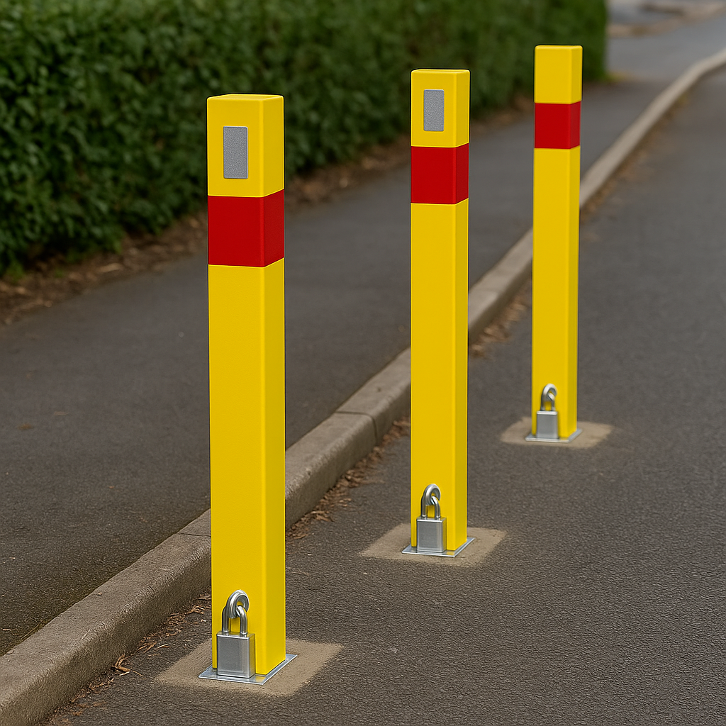 Heavy-Duty Yellow Removable Security Post with Reflective Band & Padlock – Driveway, Car Park & Access Control Bollard