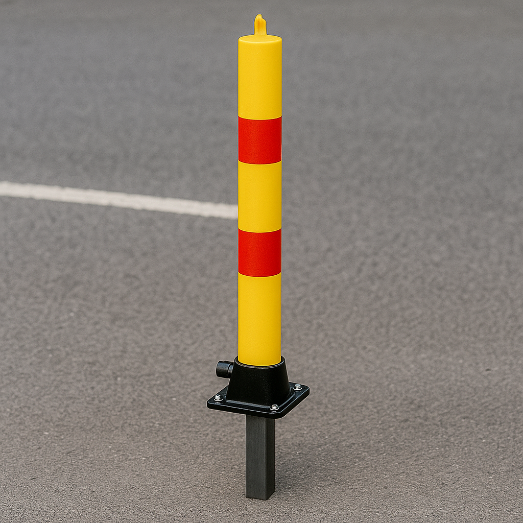 Yellow & Red Fold Down Parking Post with Integral Lock & Top-Mounted Eyelet