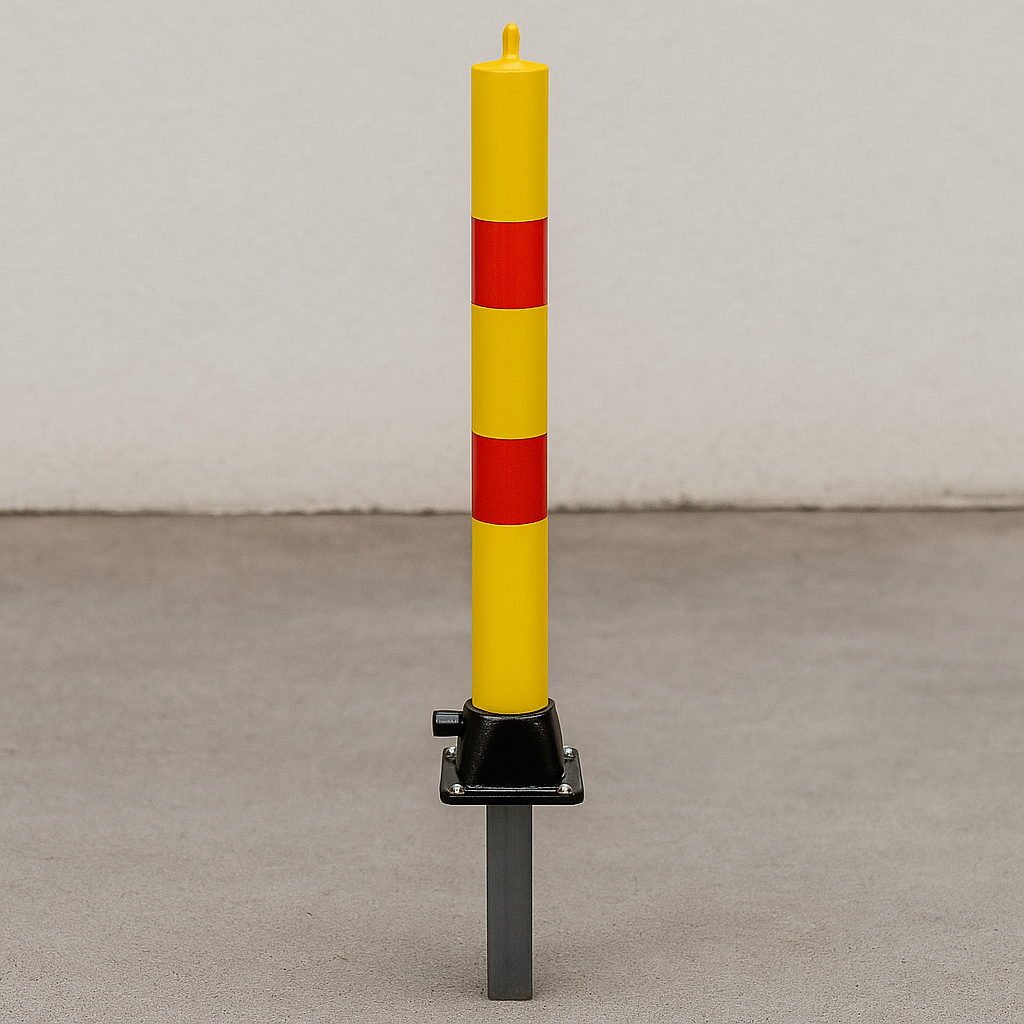 Yellow & Red Fold Down Parking Post with Integral Lock & Top-Mounted Eyelet