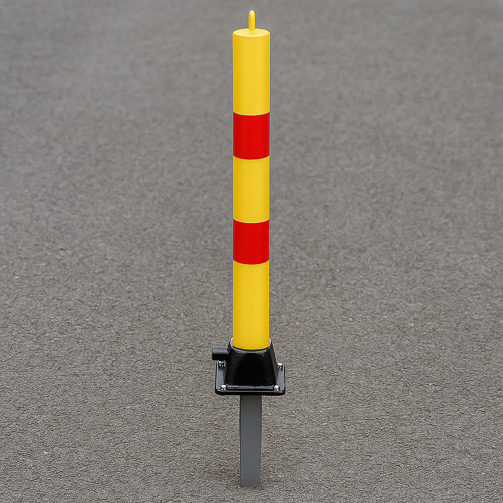 Yellow & Red Fold Down Parking Post with Integral Lock & Top-Mounted Eyelet