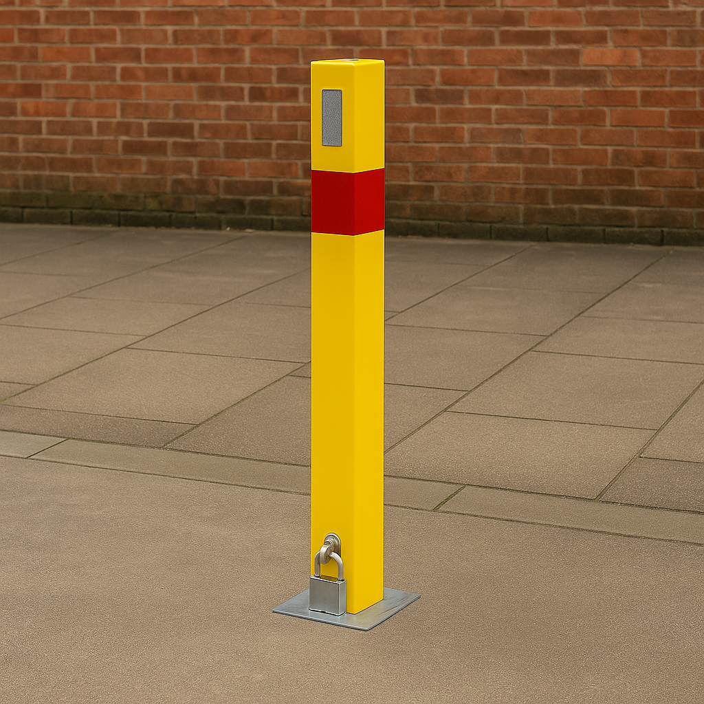 Heavy-Duty Yellow Removable Security Post with Reflective Band & Padlock – Driveway, Car Park & Access Control Bollard