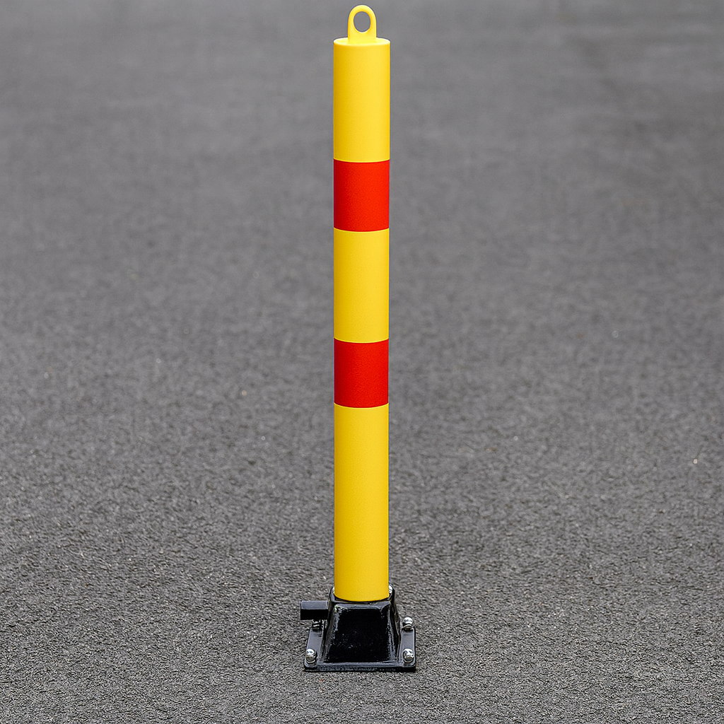 Yellow & Red Fold Down Parking Post with Integral Lock & Top-Mounted Eyelet