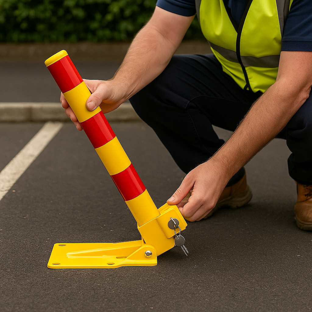Compact Folding Parking Post – 600 mm Height | High-Visibility Yellow with Reflective Strips | Secure Lockable Design