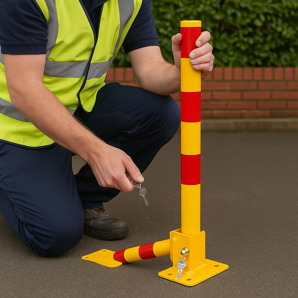 Compact Folding Parking Post – 600 mm Height | High-Visibility Yellow with Reflective Strips | Secure Lockable Design