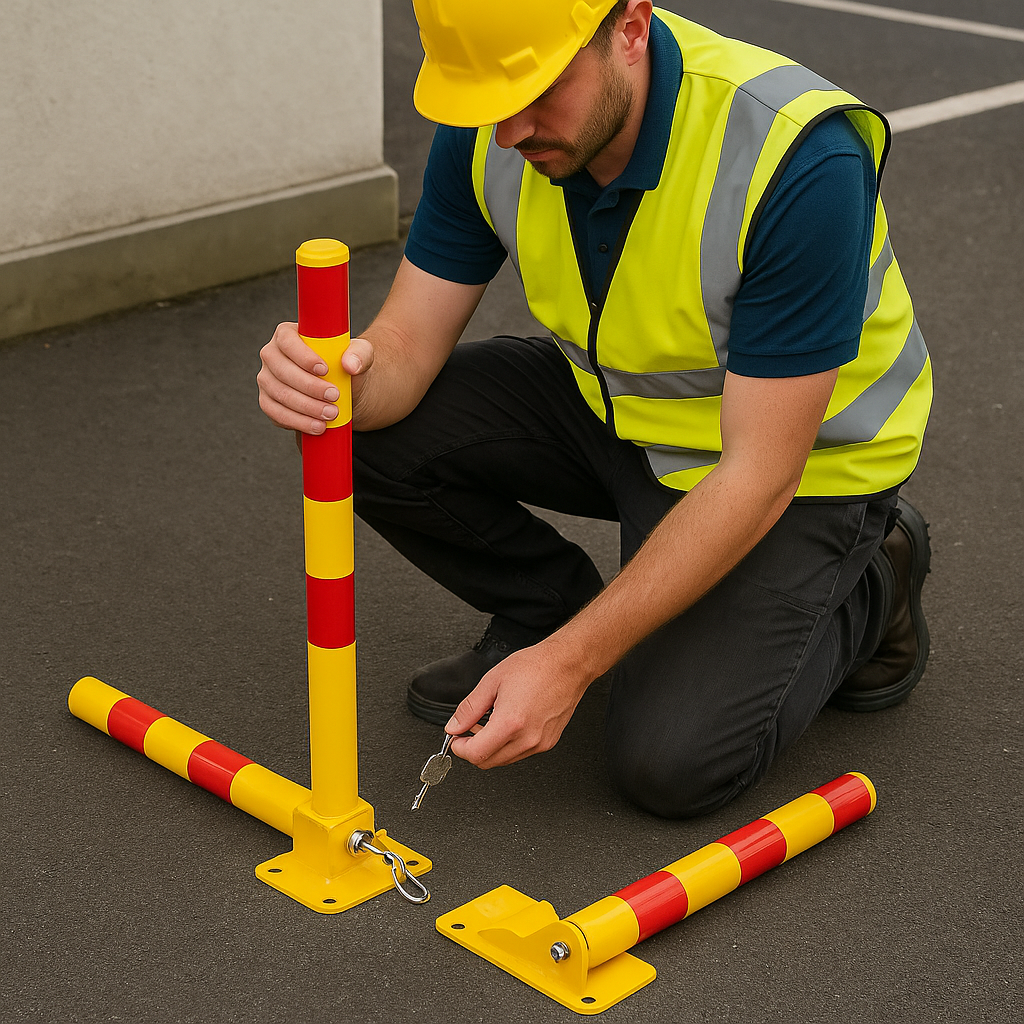 Compact Folding Parking Post – 600 mm Height | High-Visibility Yellow with Reflective Strips | Secure Lockable Design