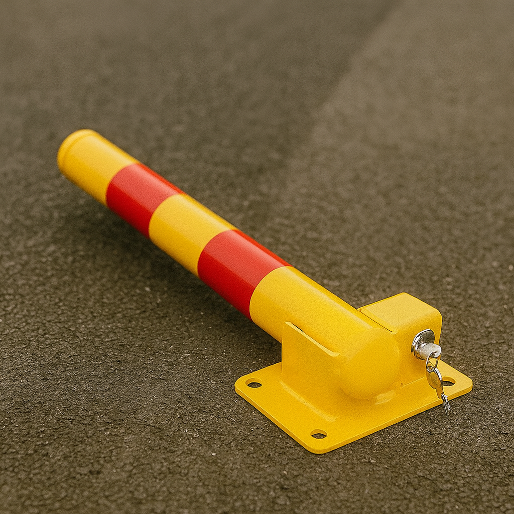 Compact Folding Parking Post – 600 mm Height | High-Visibility Yellow with Reflective Strips | Secure Lockable Design