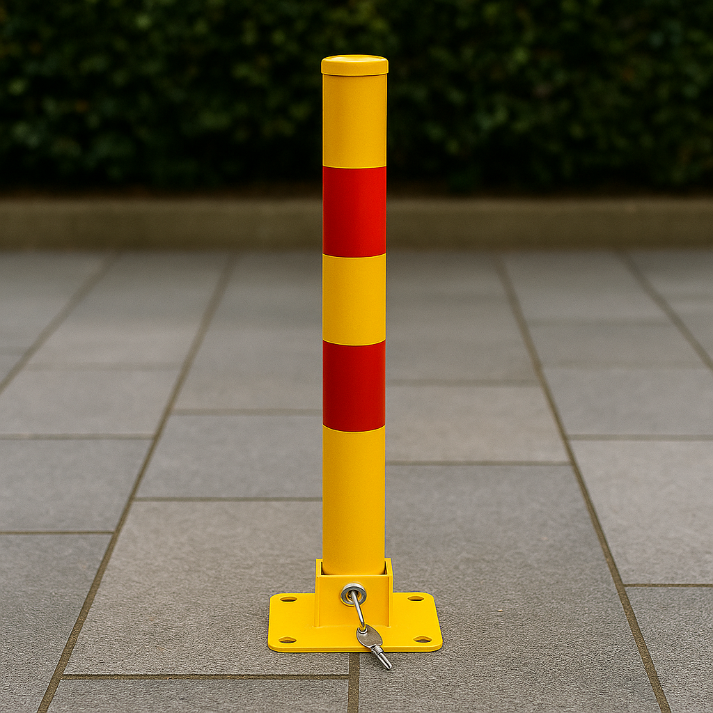 Compact Folding Parking Post – 600 mm Height | High-Visibility Yellow with Reflective Strips | Secure Lockable Design