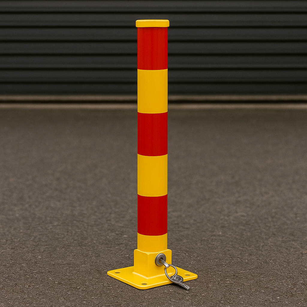 Compact Folding Parking Post – 600 mm Height | High-Visibility Yellow with Reflective Strips | Secure Lockable Design