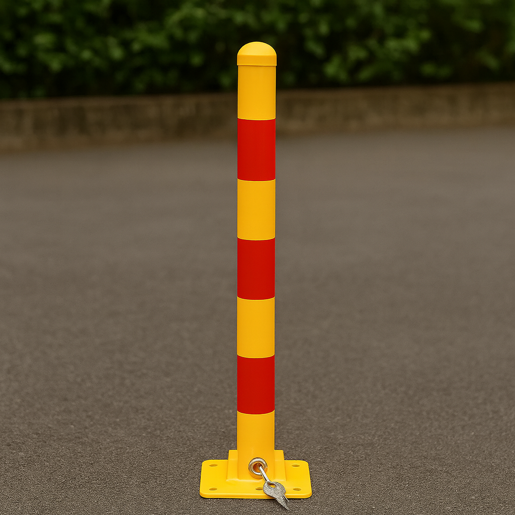 Compact Folding Parking Post – 600 mm Height | High-Visibility Yellow with Reflective Strips | Secure Lockable Design
