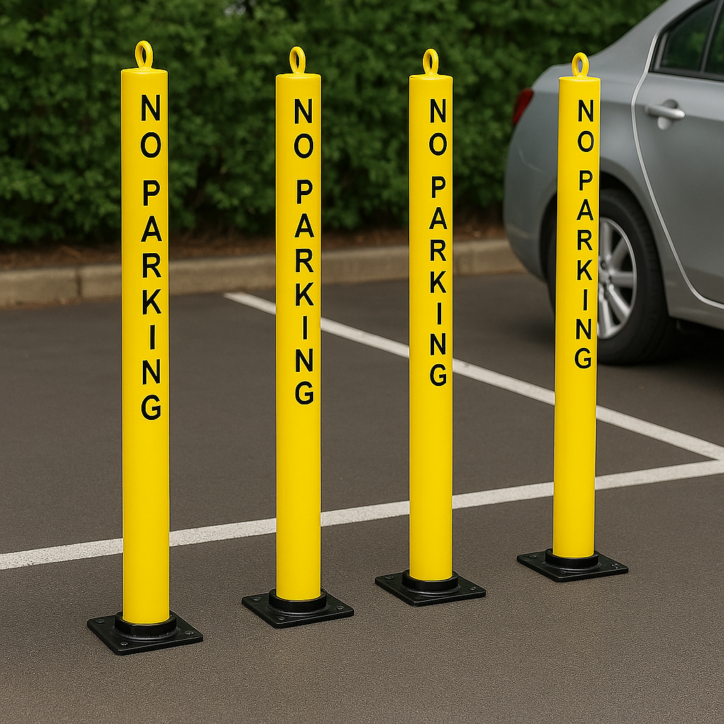 Large Fold Down Steel Security Post – Integral Lock, Eyelet & No Parking Logo