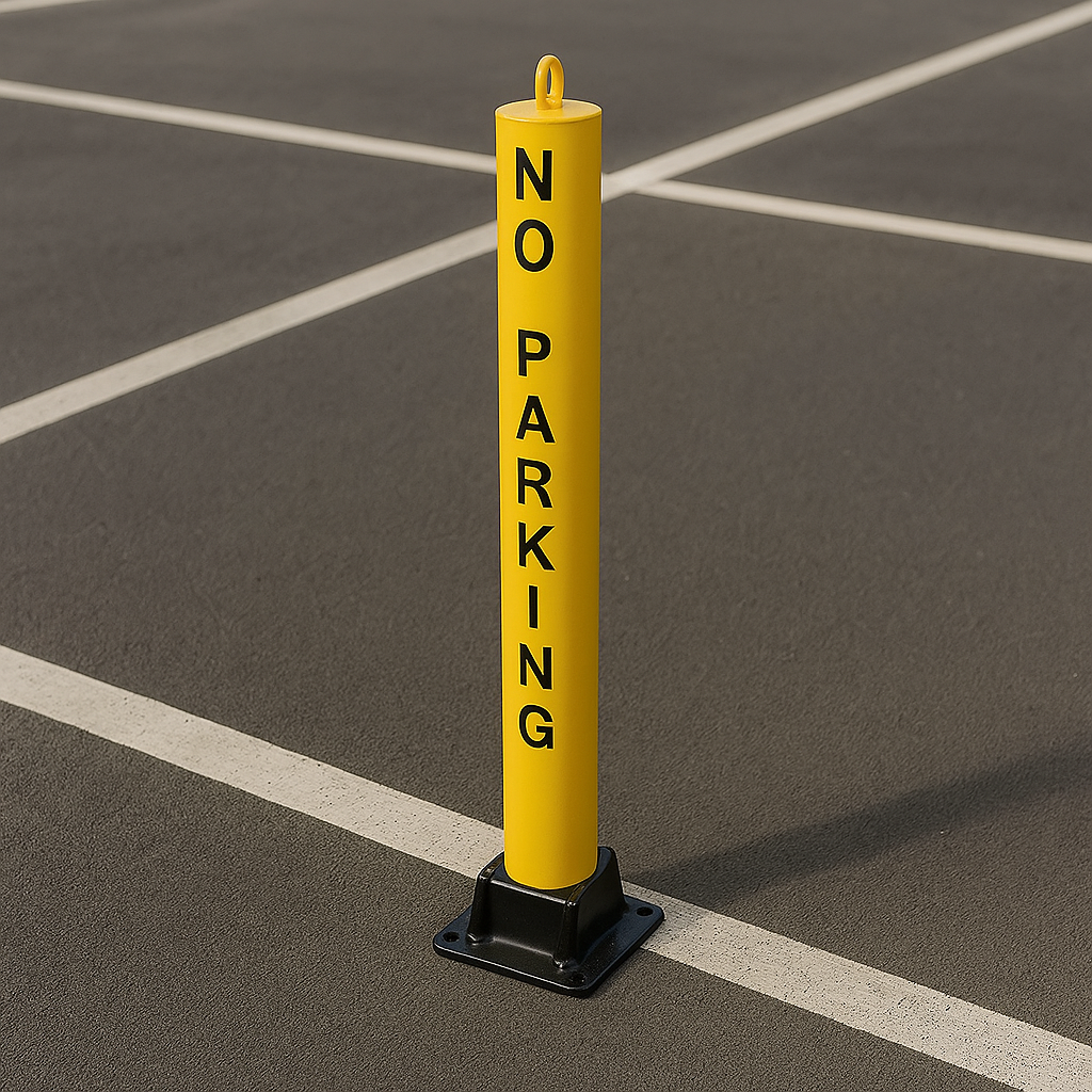 Large Fold Down Steel Security Post – Integral Lock, Eyelet & No Parking Logo