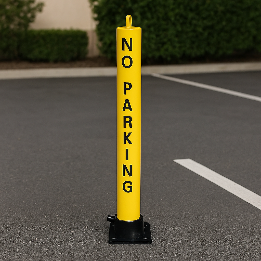 Large Fold Down Steel Security Post – Integral Lock, Eyelet & No Parking Logo