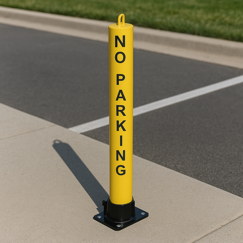Large Fold Down Steel Security Post – Integral Lock, Eyelet & No Parking Logo